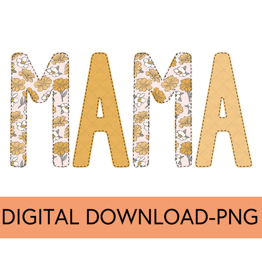 Mama PNG, Marigolds Floral with Faux Bean Stitch, Pink 2 - Digital Download