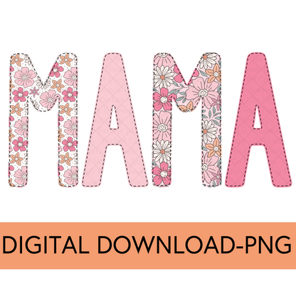 Mama PNG, Retro Flower Floral with Faux Bean Stitch - Digital Download