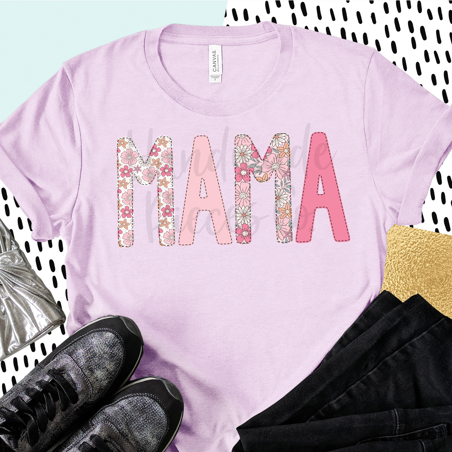 Mama PNG, Retro Flower Floral with Faux Bean Stitch - Digital Download