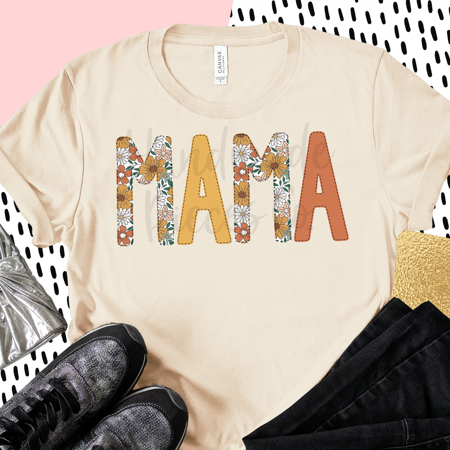 Mama PNG, Retro Summer Floral with Faux Bean Stitch - Digital Download
