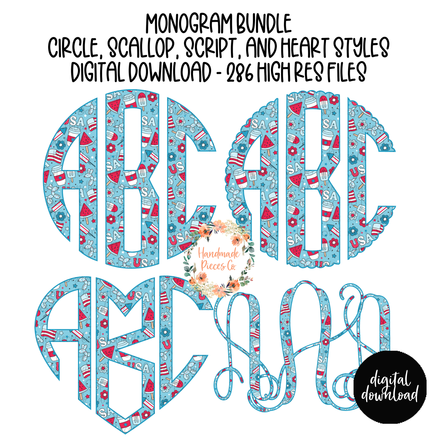 Patriotic College, Blue Background Monogram - Multiple Styles - Digital Download