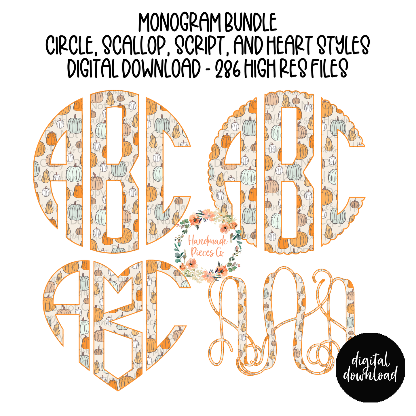 Colorful Pumpkins Monogram - Multiple Styles - Digital Download