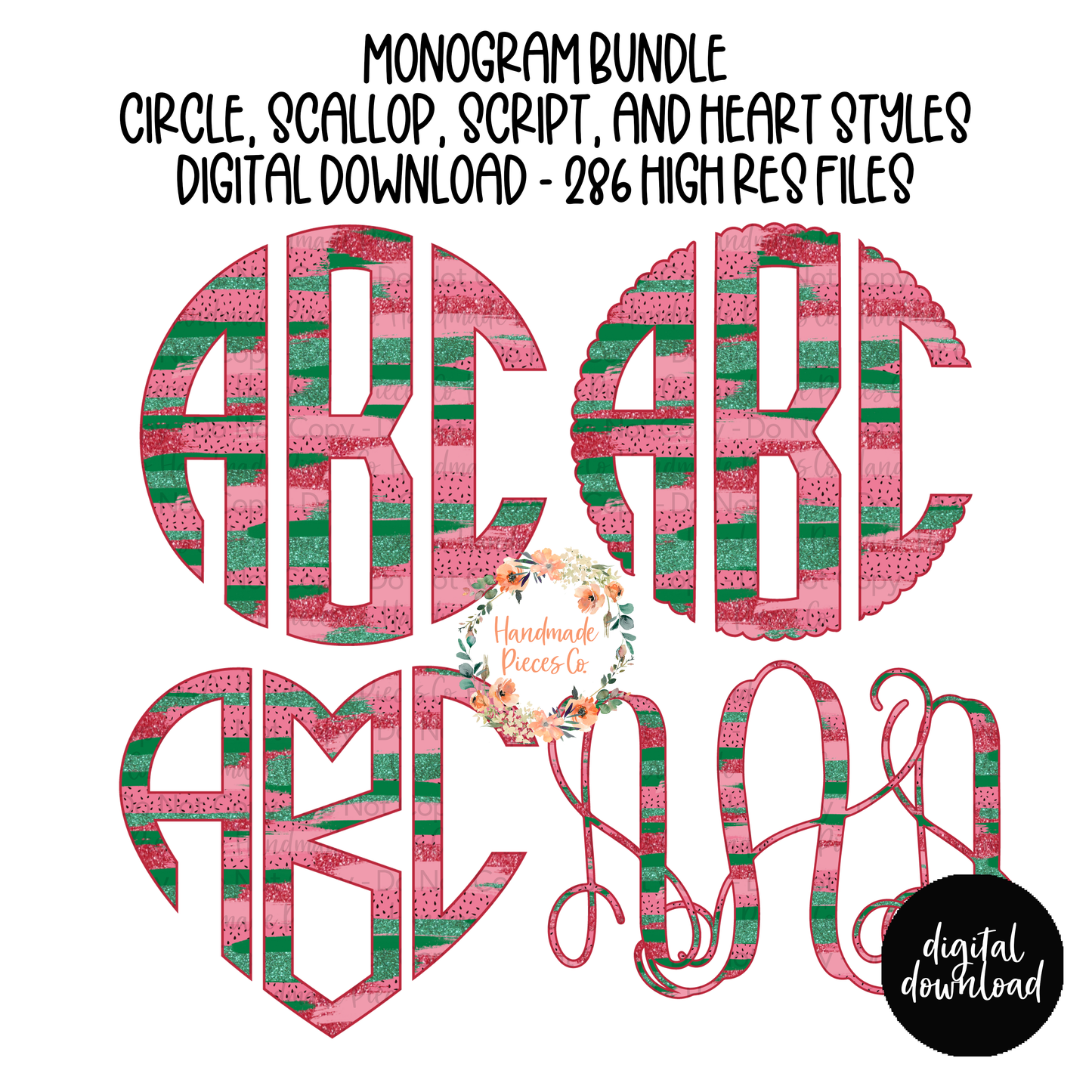 Watermelon Monogram, Brushstrokes - Multiple Styles - Digital Download
