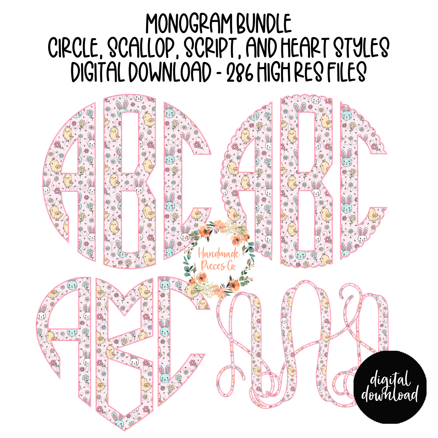 Easter Monogram, Bunnies and Chicks, Pink - Multiple Styles - Digital Download