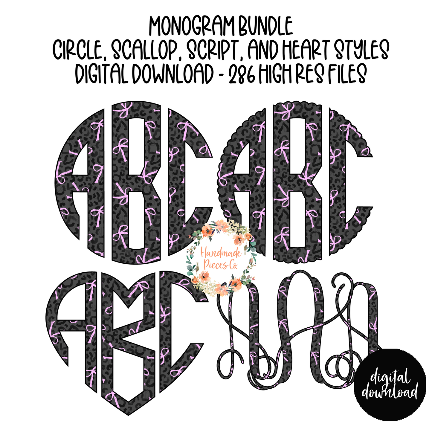 Black Cheetah with Pink Coquette Bows Monogram - Multiple Styles - Digital Download