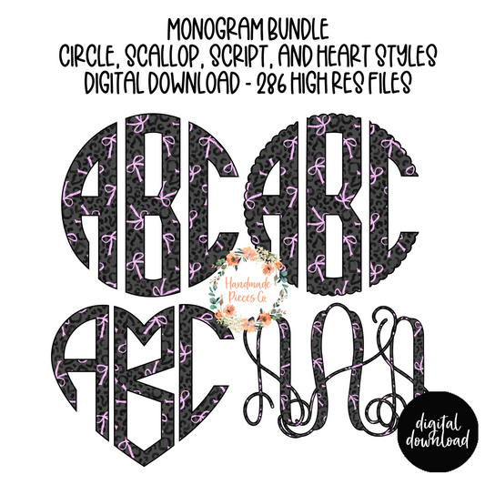 Black Cheetah with Pink Coquette Bows Monogram - Multiple Styles - Digital Download