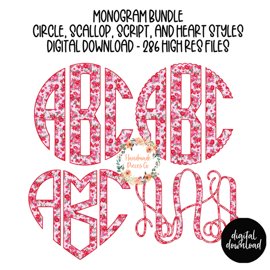 Watercolor Pink Dainty Floral Monogram - Multiple Styles - Digital Download