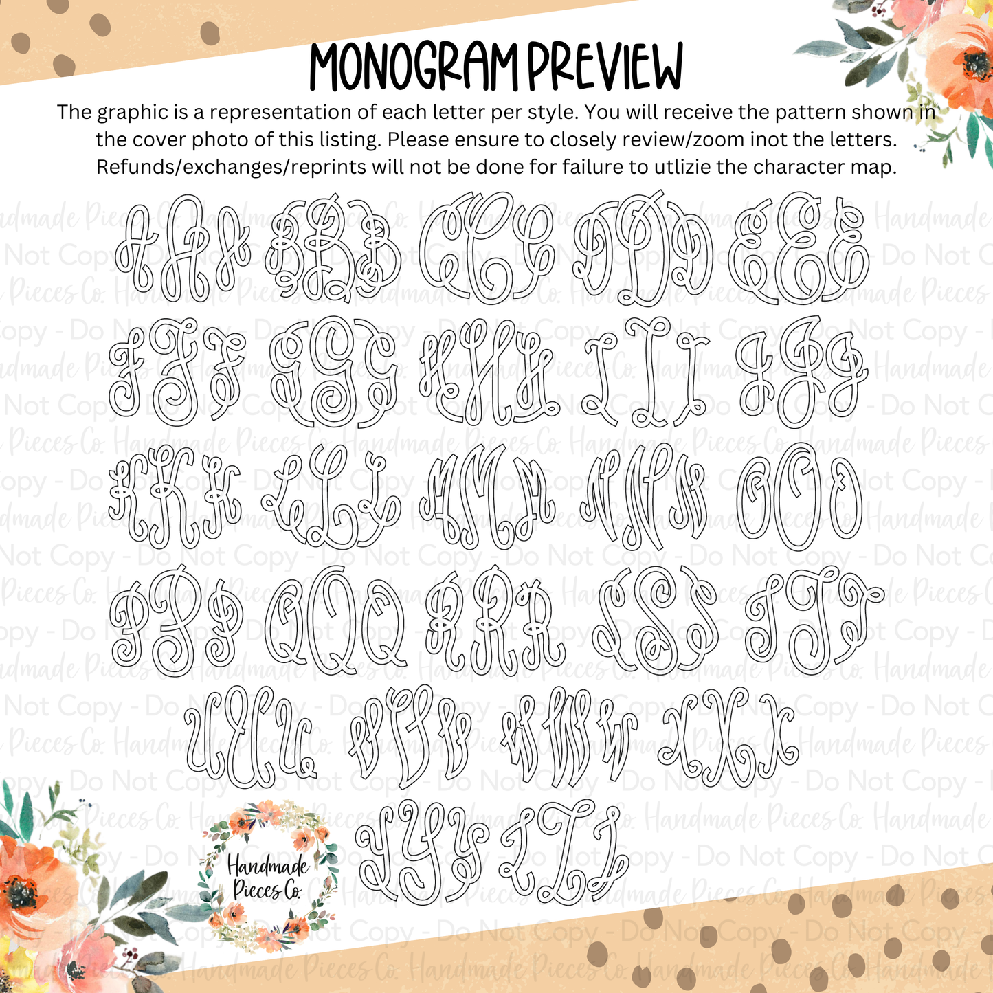 Circle Script Monogram Vinyl Decal, Blue Florals