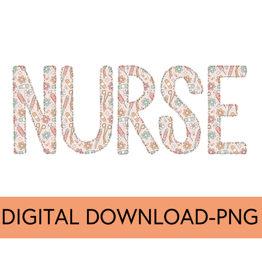 Nurse PNG, Floral with Faux Bean Stitch - Digital Download