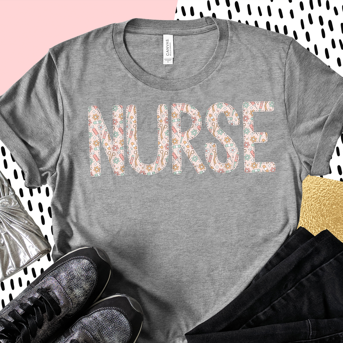 Nurse PNG, Floral with Faux Bean Stitch - Digital Download