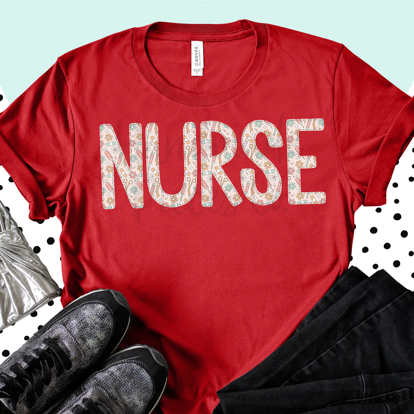 Nurse PNG, Floral with Faux Bean Stitch - Digital Download