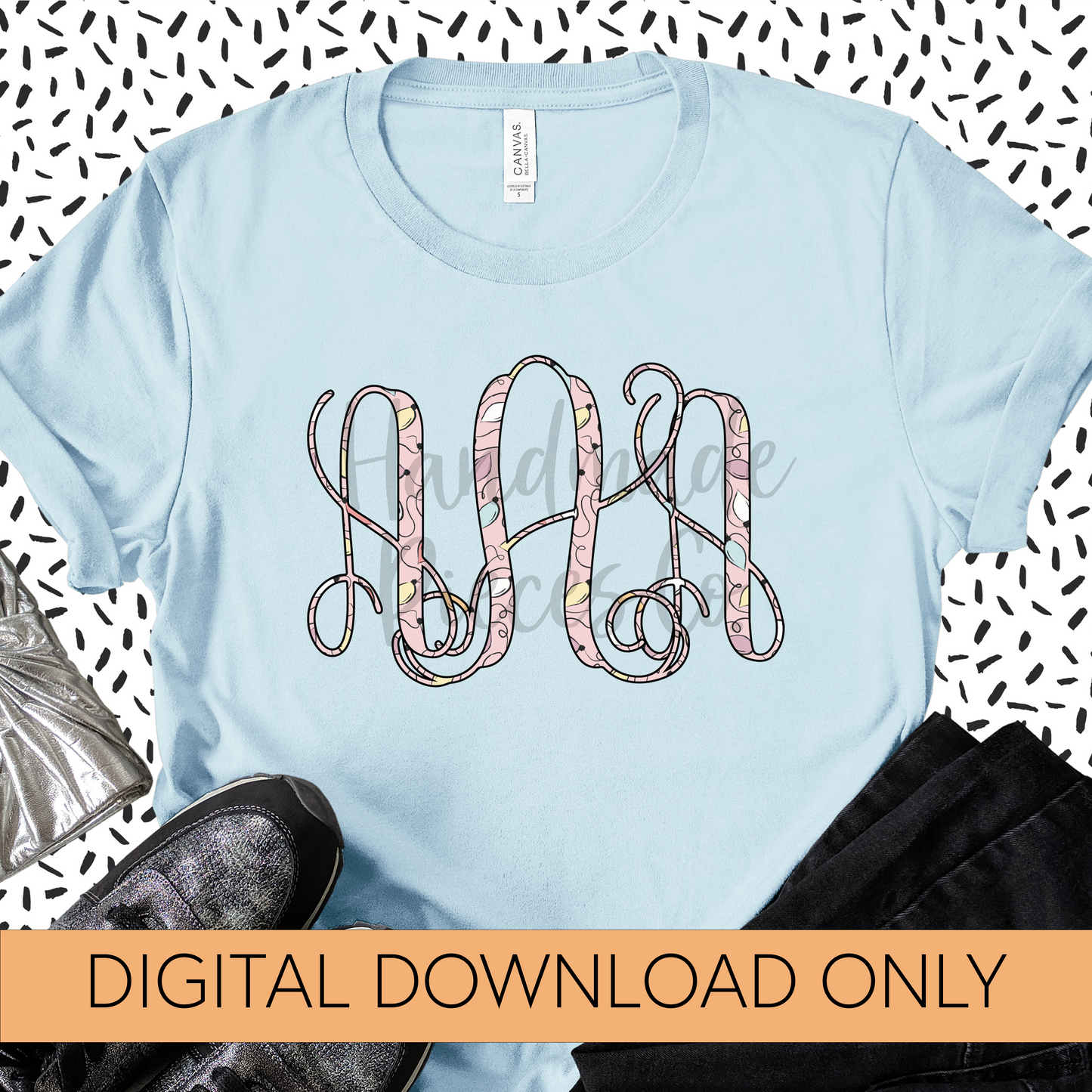 Christmas Lights, Pink Monogram - Multiple Styles - Digital Download
