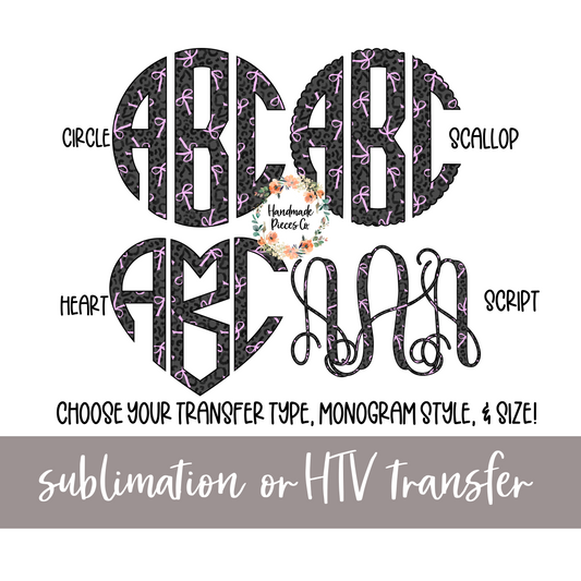 Black Cheetah with Pink Coquette Bows Monogram - Sublimation or HTV Transfer