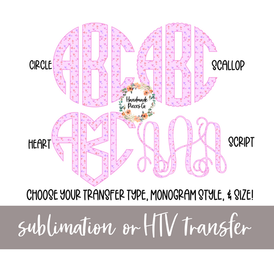 Pink Hearts Monogram - Sublimation or HTV Transfer