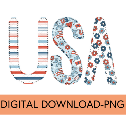USA PNG, Trio 1 Light Blue with Faux Bean Stitch - Digital Download