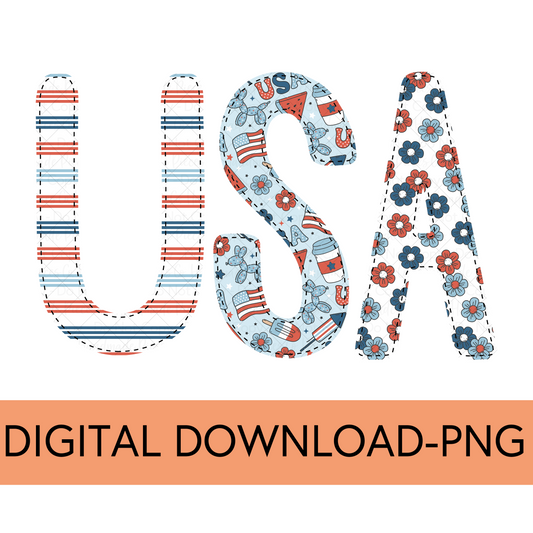 USA PNG, Trio 1 Light Blue with Faux Bean Stitch - Digital Download