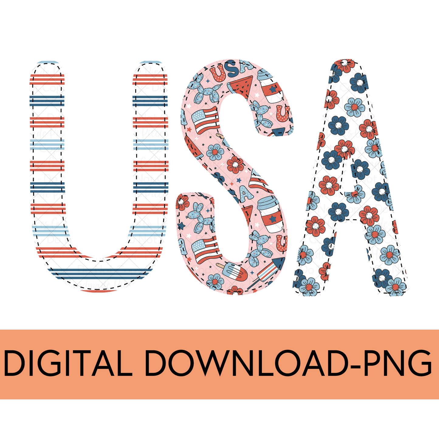 USA PNG, Trio 1 Red with Faux Bean Stitch - Digital Download