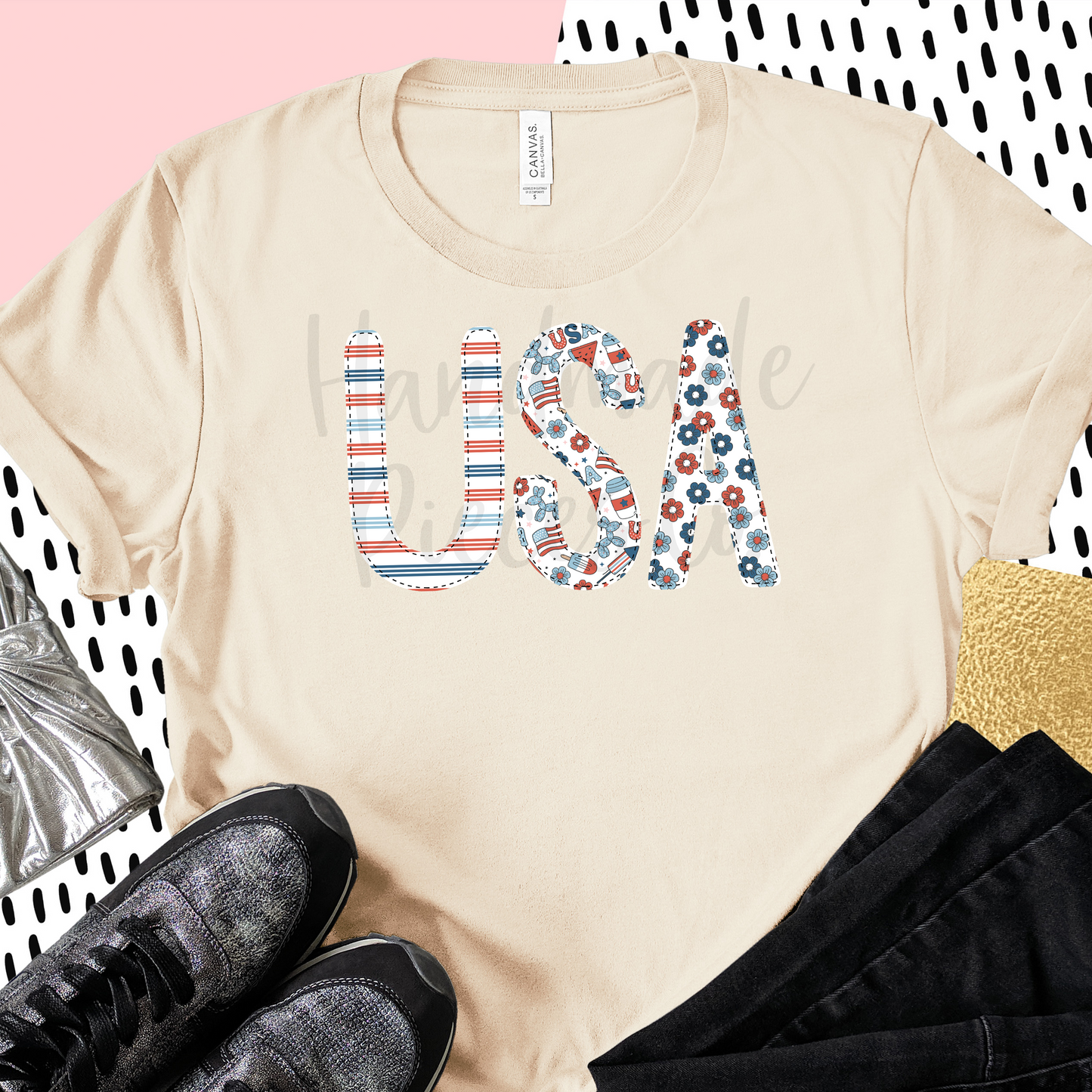 USA PNG, Trio 1 White with Faux Bean Stitch - Digital Download