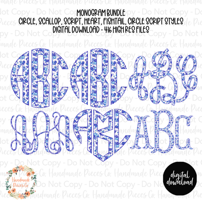 Watercolor Blue Dainty Floral Monogram - Multiple Styles - Digital Download