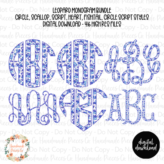 Watercolor Blue Dainty Floral Monogram - Multiple Styles - Digital Download