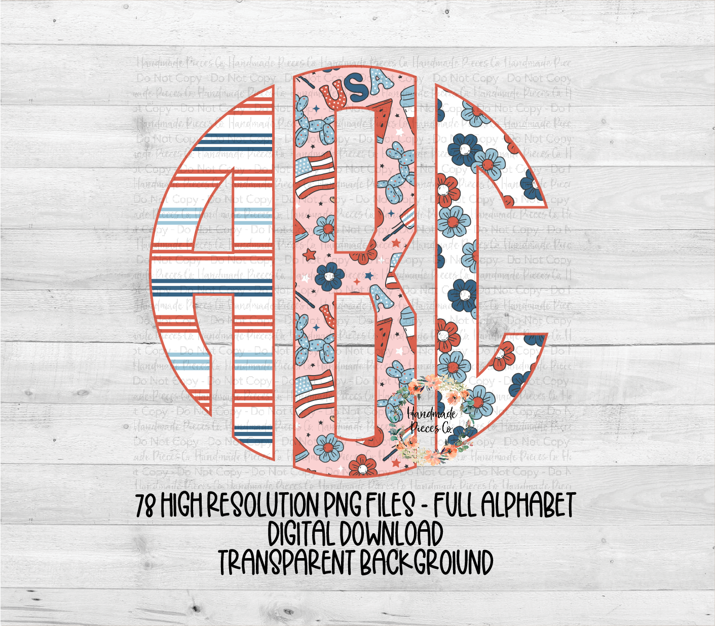 July Fourth Retro Monogram, Trio 1 Red - Multiple Styles - Digital Download