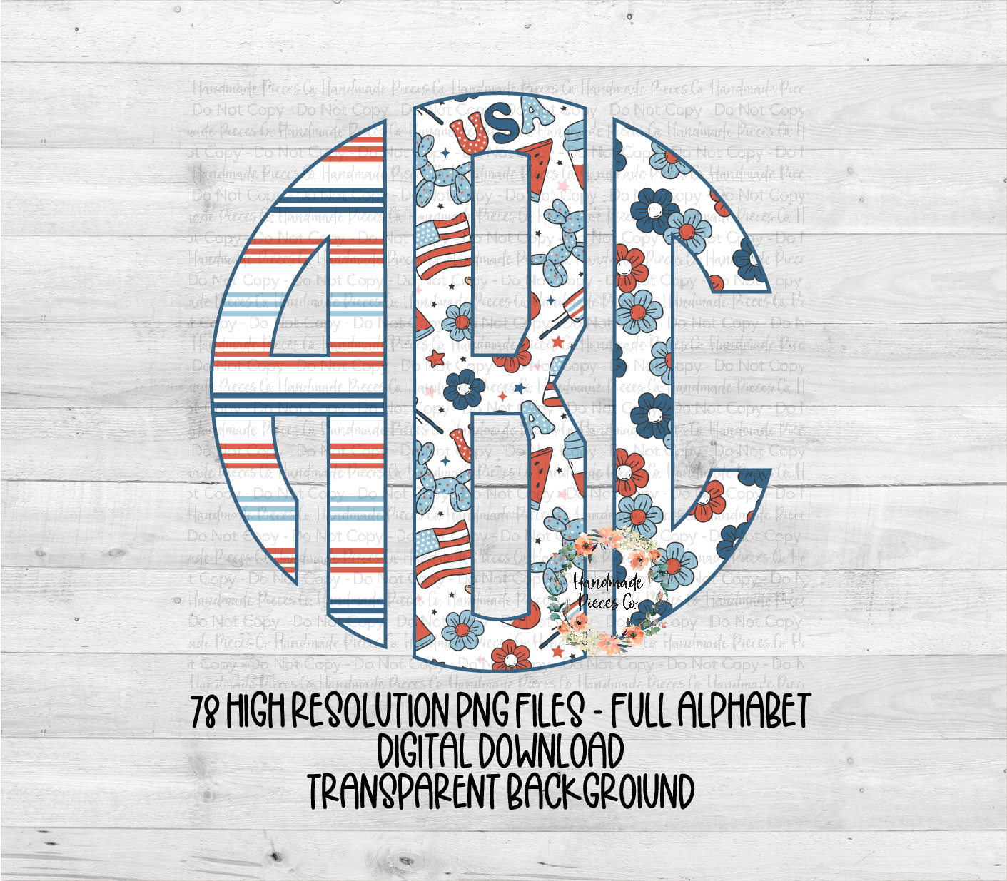 July Fourth Retro Monogram, Trio 1 White - Multiple Styles - Digital Download
