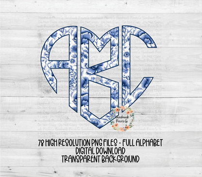 Blue Floral Monogram, Style 2 - Multiple Styles - Digital Download