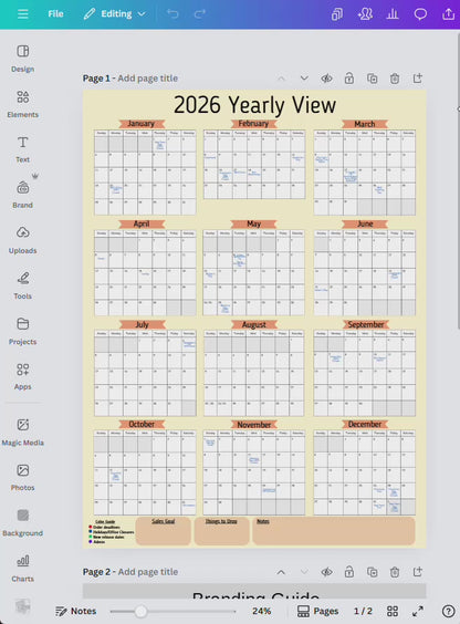 2026 12 Month Calendar - Yearly View - Canva Template