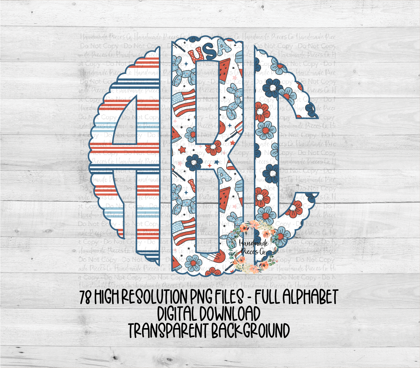 July Fourth Retro Monogram, Trio 1 White - Multiple Styles - Digital Download