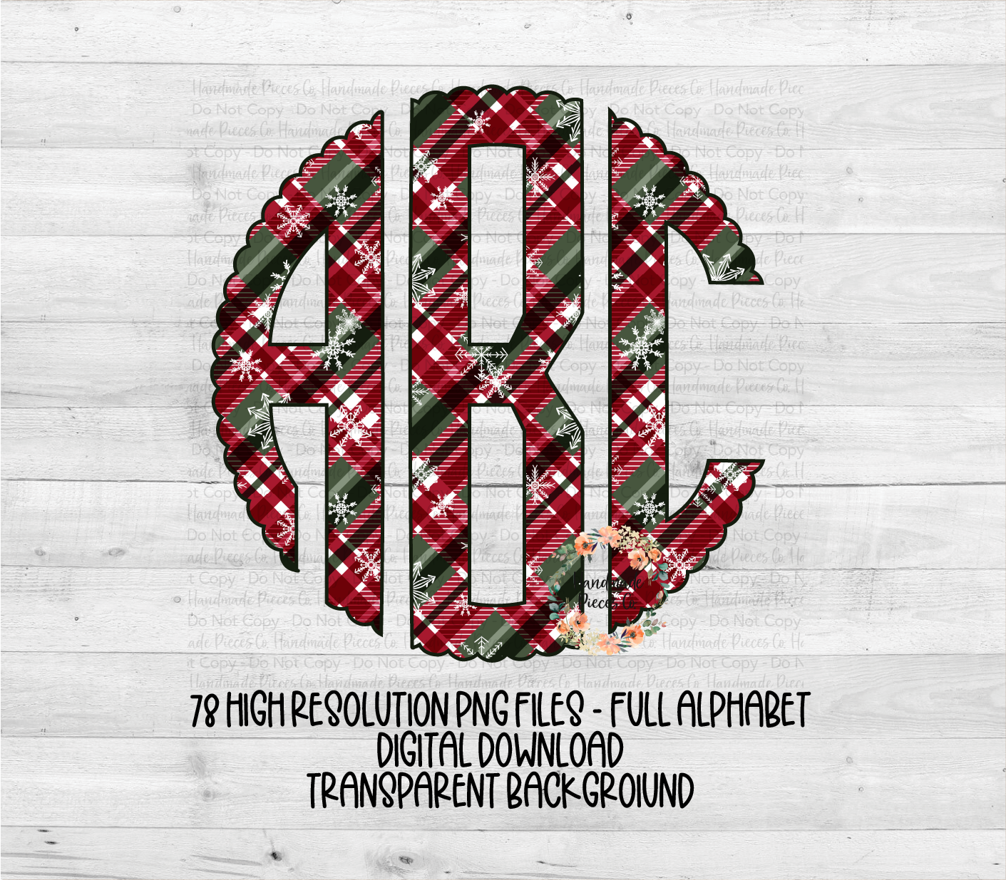 Christmas Monogram, Plaid with Snowflakes - Multiple Styles - Digital Download