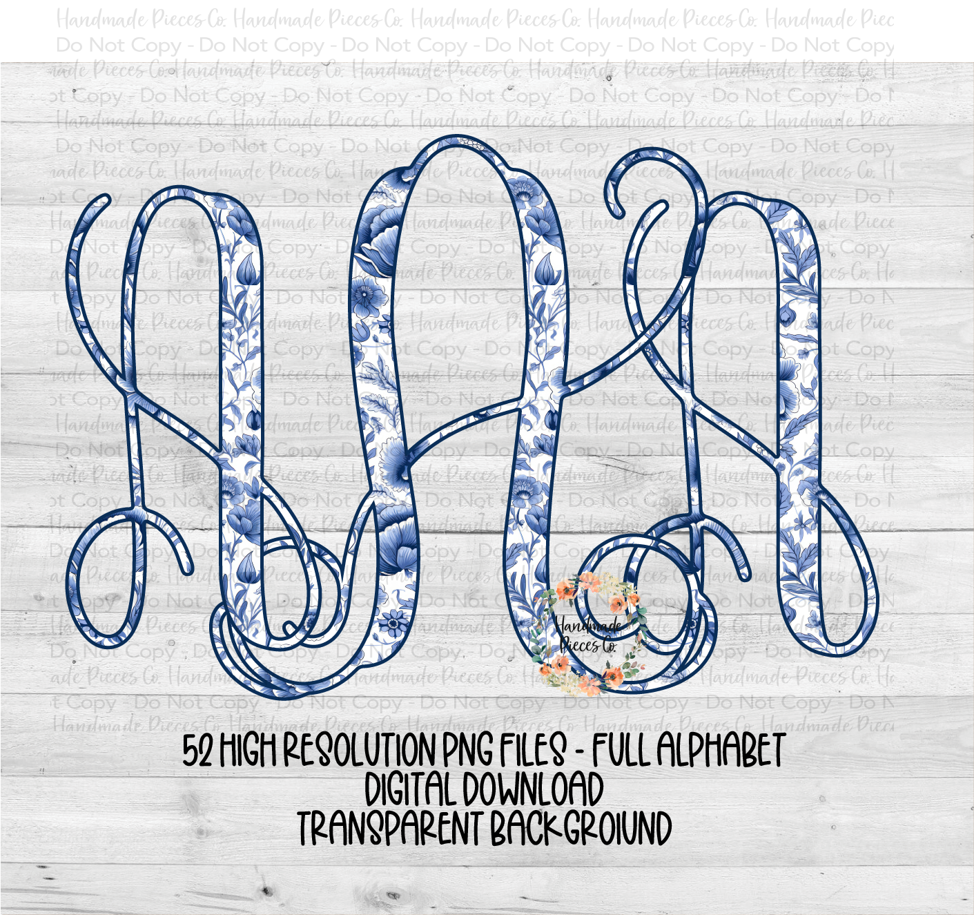 Blue Floral Monogram, Style 2 - Multiple Styles - Digital Download