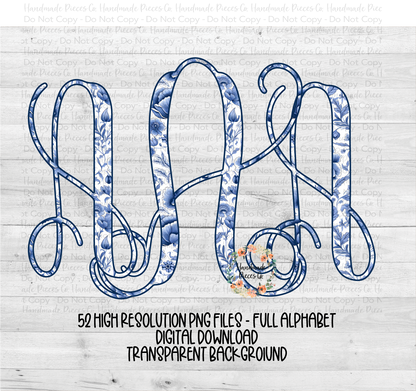 Blue Floral Monogram, Style 2 - Multiple Styles - Digital Download