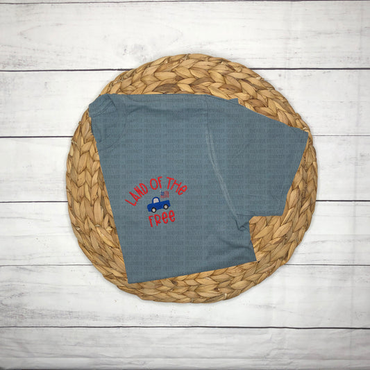 Land of the Free, Patriotic Truck Embroidered T-Shirt - Adult