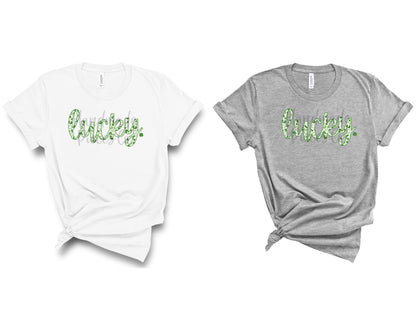 Lucky with Shamrock, Cursive, Green Leopard Pattern - Digital Download