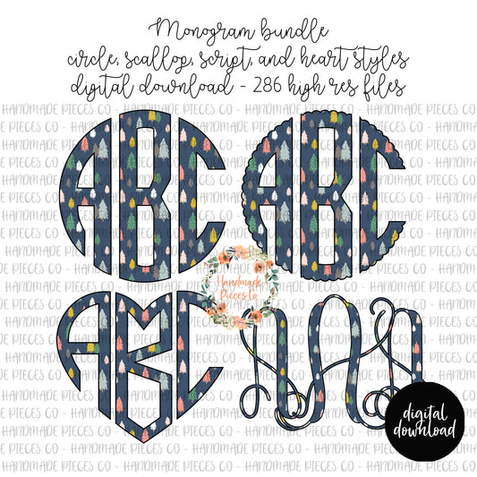 Christmas Tree Monogram, Boho - Multiple Styles - Digital Download