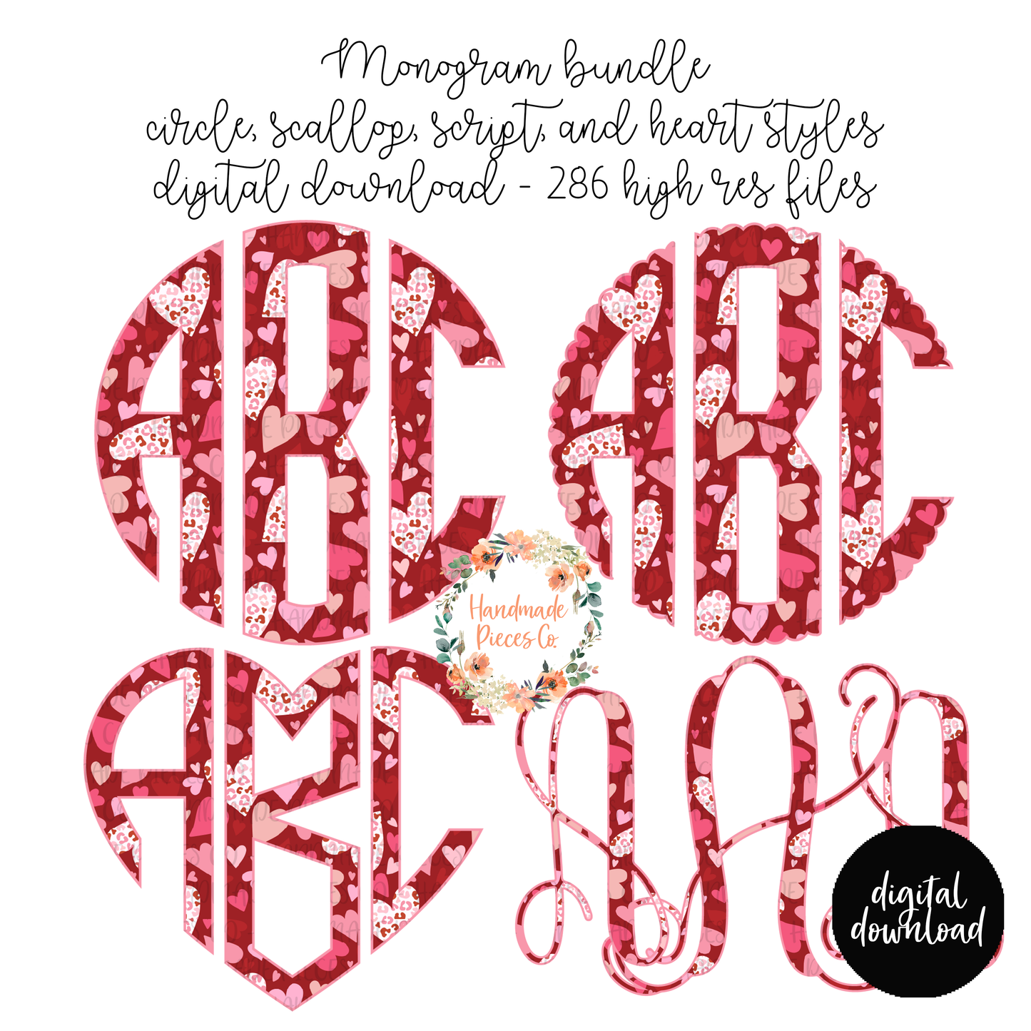 Valentine's Themed Heart Mix Monogram - Multiple Styles - Digital Download