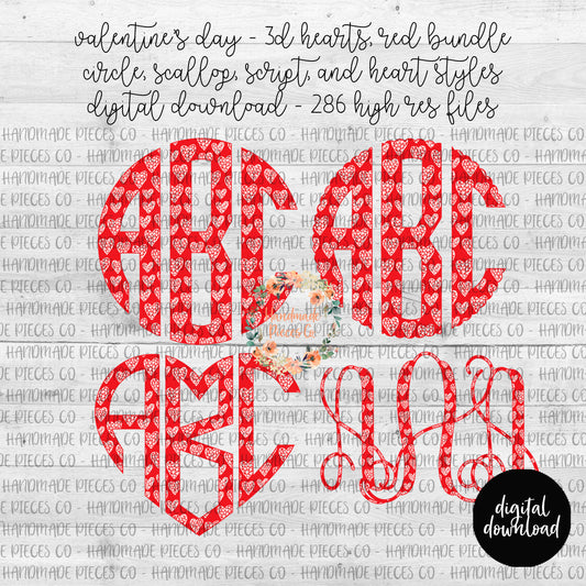 Valentine's Day, 3D Hearts, Red Monogram - Multiple Styles - Digital Download