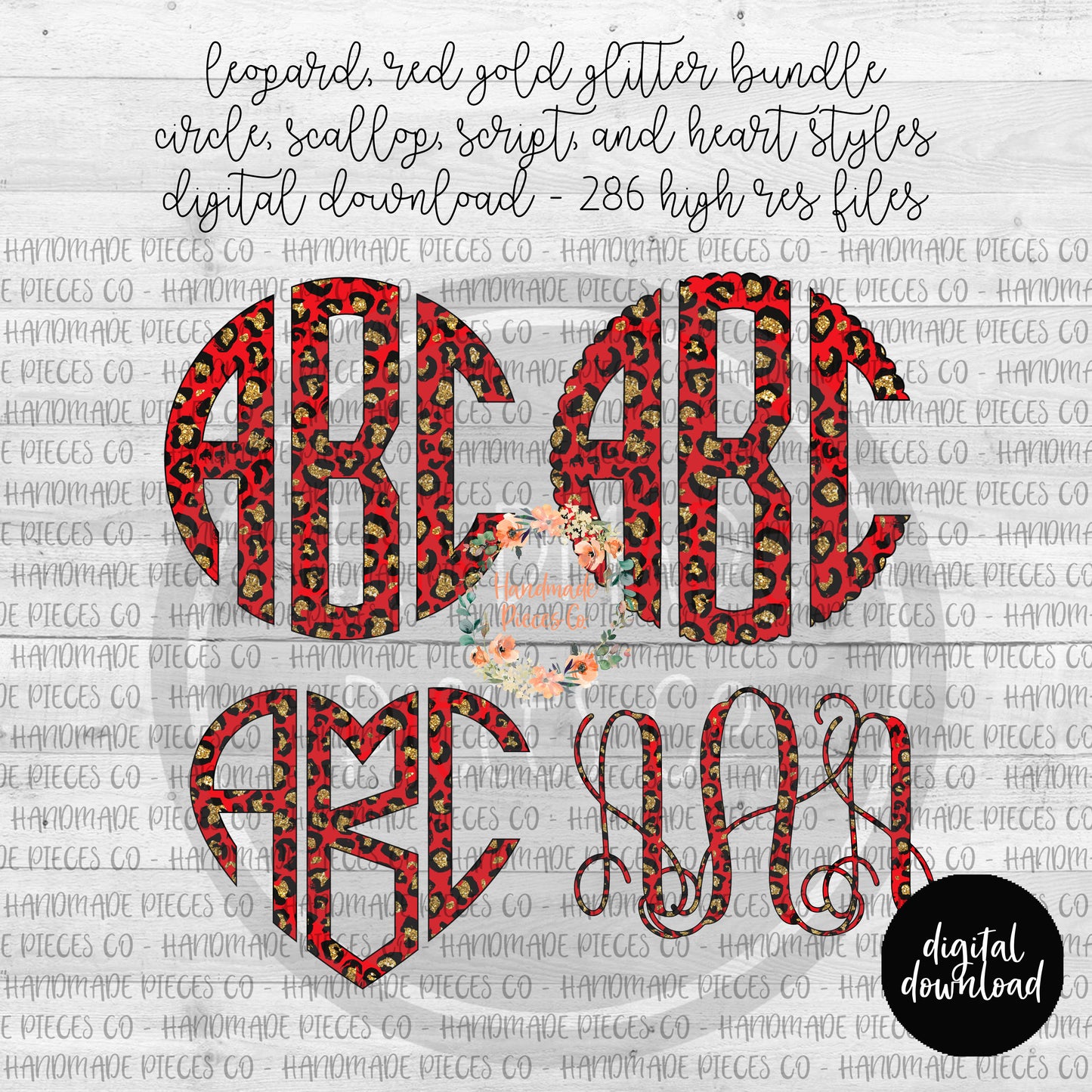 Leopard, Red Gold Glitter Monogram - Multiple Styles - Digital Download