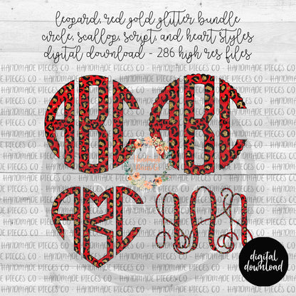 Leopard, Red Gold Glitter Monogram - Multiple Styles - Digital Download