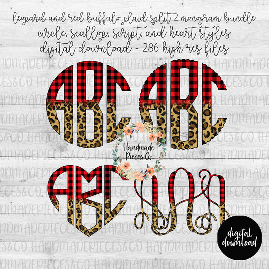 Leopard and Red Buffalo Plaid Split Monogram 2 - Multiple Styles - Digital Download