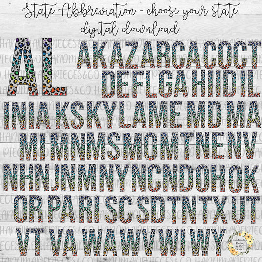 State Abbreviation, Rainbow Leopard Spots -  Multiple States - Digital Download