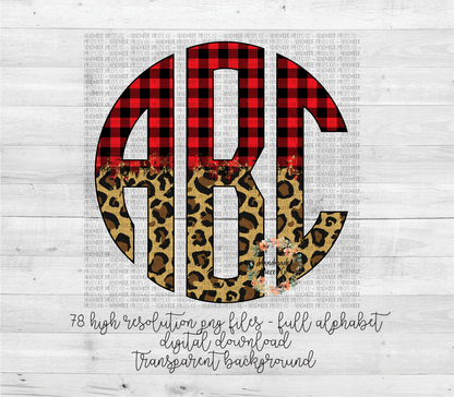 Leopard and Red Buffalo Plaid Split Monogram 2 - Multiple Styles - Digital Download