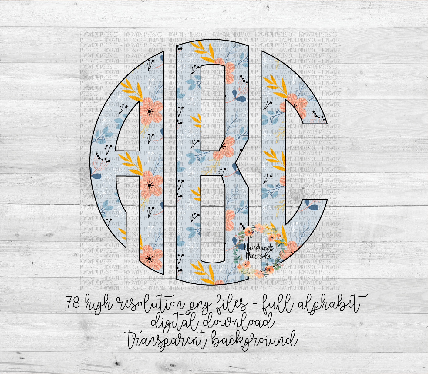 Floral Monogram, Floral 4 Light Blue  - Multiple Styles - Digital Download