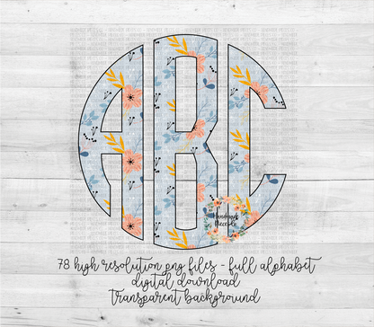 Floral Monogram, Floral 4 Light Blue  - Multiple Styles - Digital Download