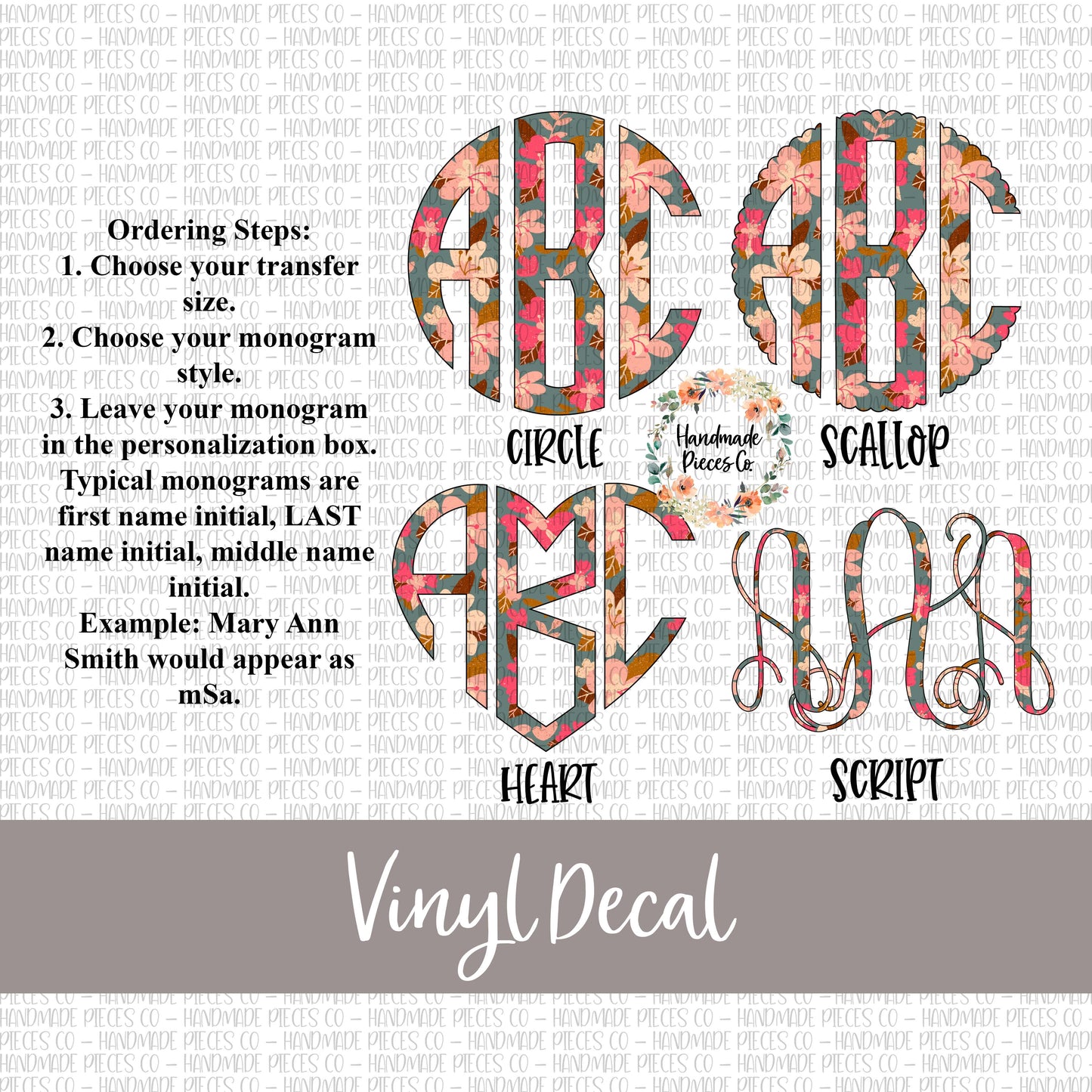 Floral Monogram Vinyl Decal, Floral 8 Pink