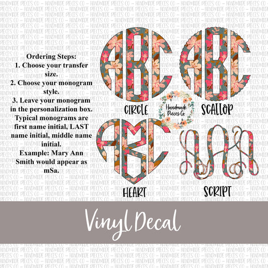 Floral Monogram Vinyl Decal, Floral 8 Pink