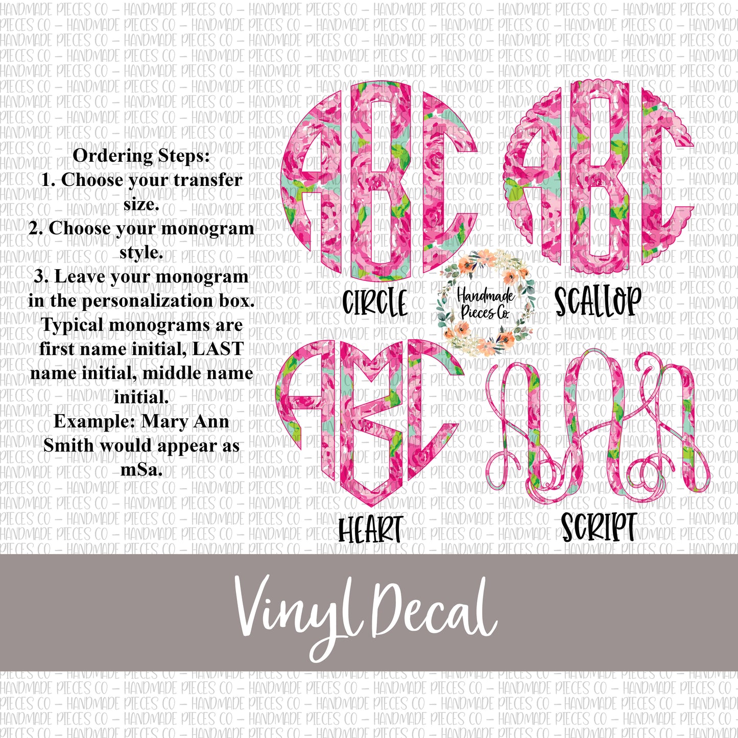 Pink Rose Monogram Vinyl Decal