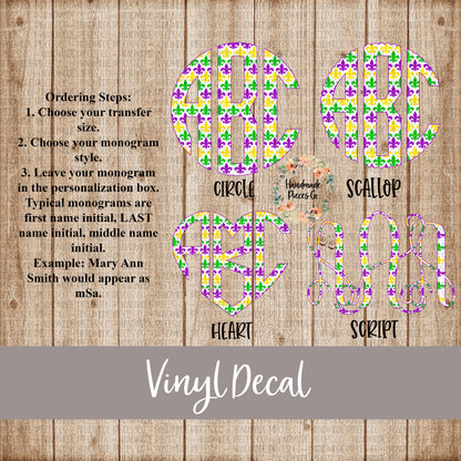 Mardi Gras Monogram Vinyl Decal, Fleur De Lis White
