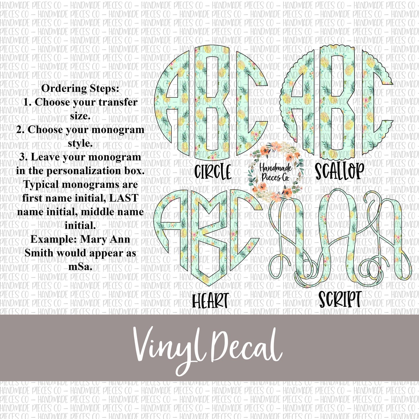 Pineapple Monogram Vinyl Decal, Floral