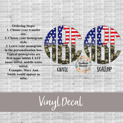 Patriotic Monogram Vinyl Decal, Stars and Stripes Distressed Camo Split